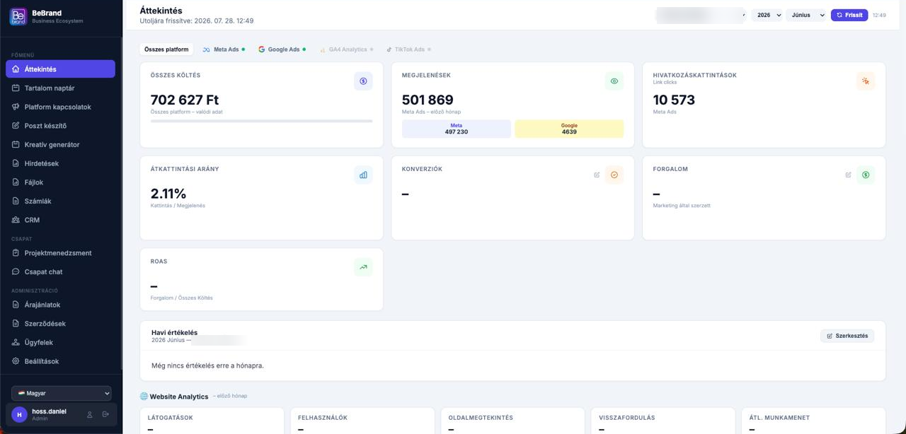 BeBrand Suite dashboard - a modulok a bal menüsávban